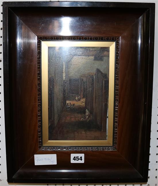 Oil of chickens in rosewood frame by John Carlisle